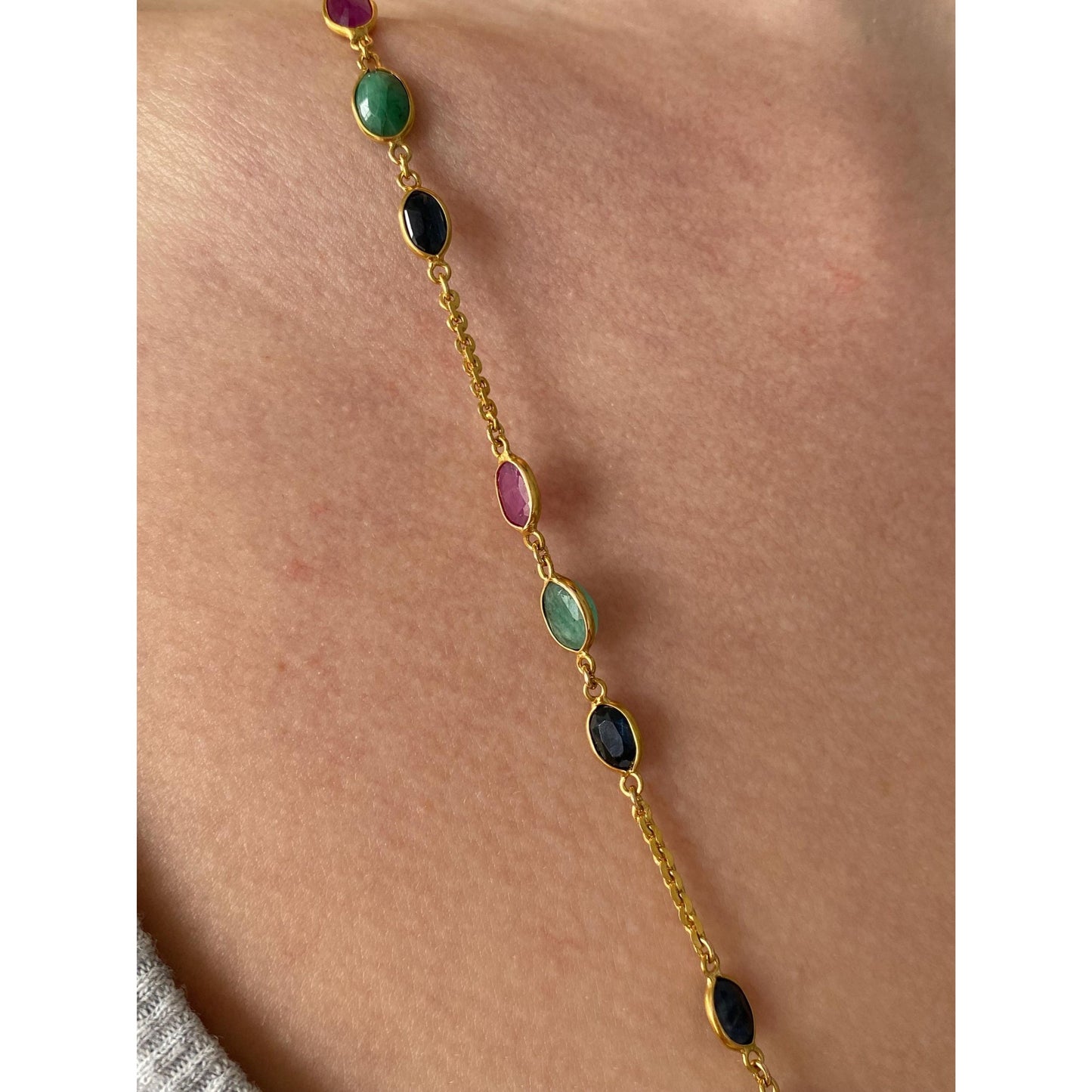 Solid 14k Yellow Gold Sapphire Ruby Emerald Link Tight Rolo Chain Necklace - 27 inches
