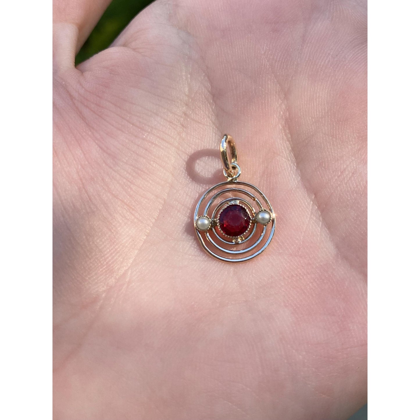 Vintage Solid 10k Yellow Gold Red Cubic Zirconia Seed Pearl Bullseye Stick Pin Conversion Charm