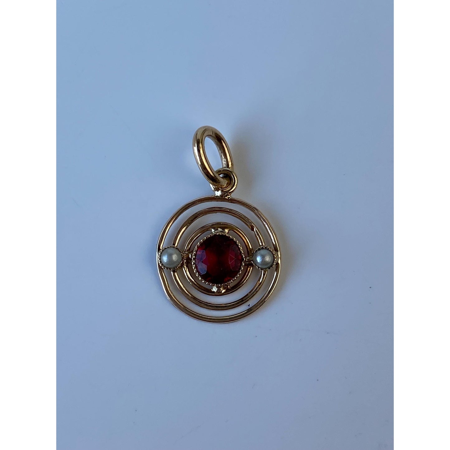 Vintage Solid 10k Yellow Gold Red Cubic Zirconia Seed Pearl Bullseye Stick Pin Conversion Charm
