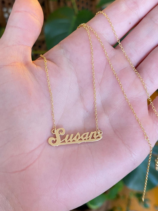 Vintage Solid 14k Yellow Gold 'Susan' Nameplate Cable Chain Necklace - 19 inches