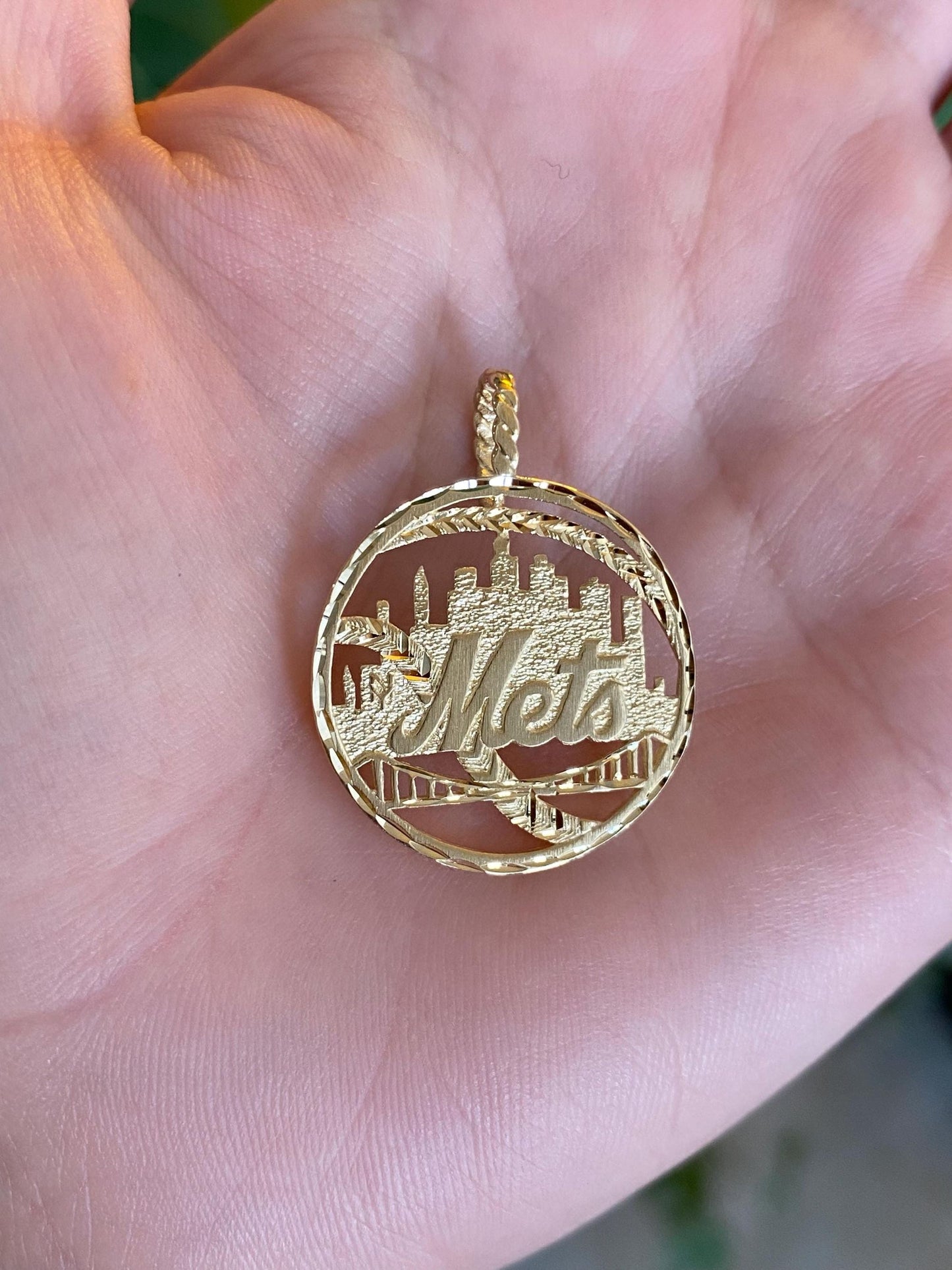 Vintage Solid 14k Yellow Gold Open Work Diamond Cut Mets Charm