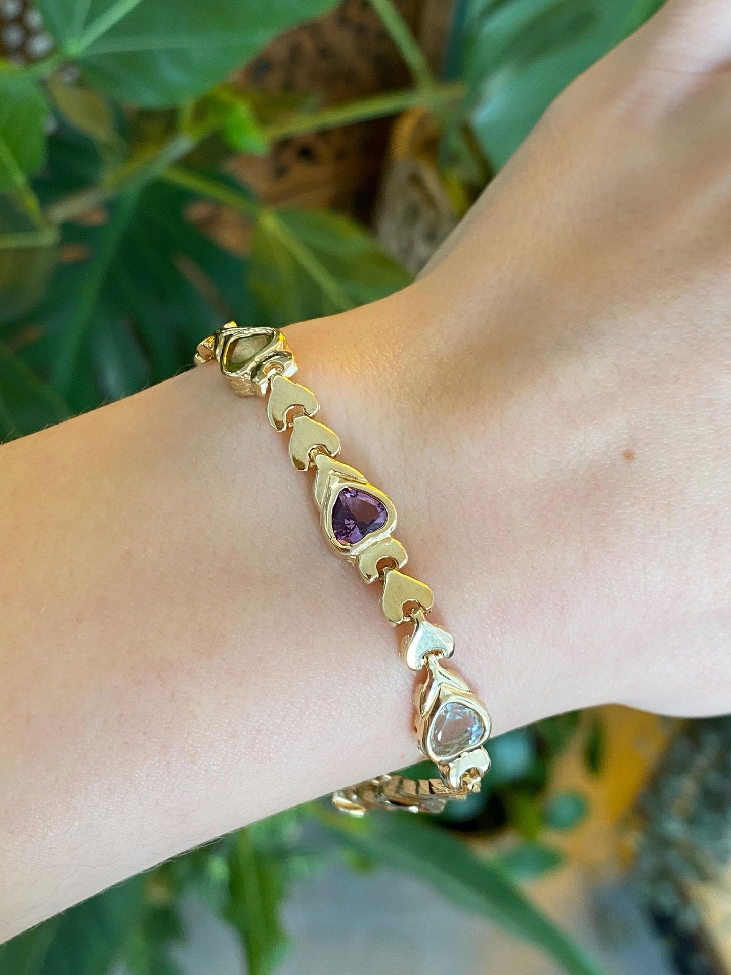 Vintage Solid 14k Yellow Gold Amethyst Citrine Topaz Garnet Peridot Heart Link Bracelet - 7 inches