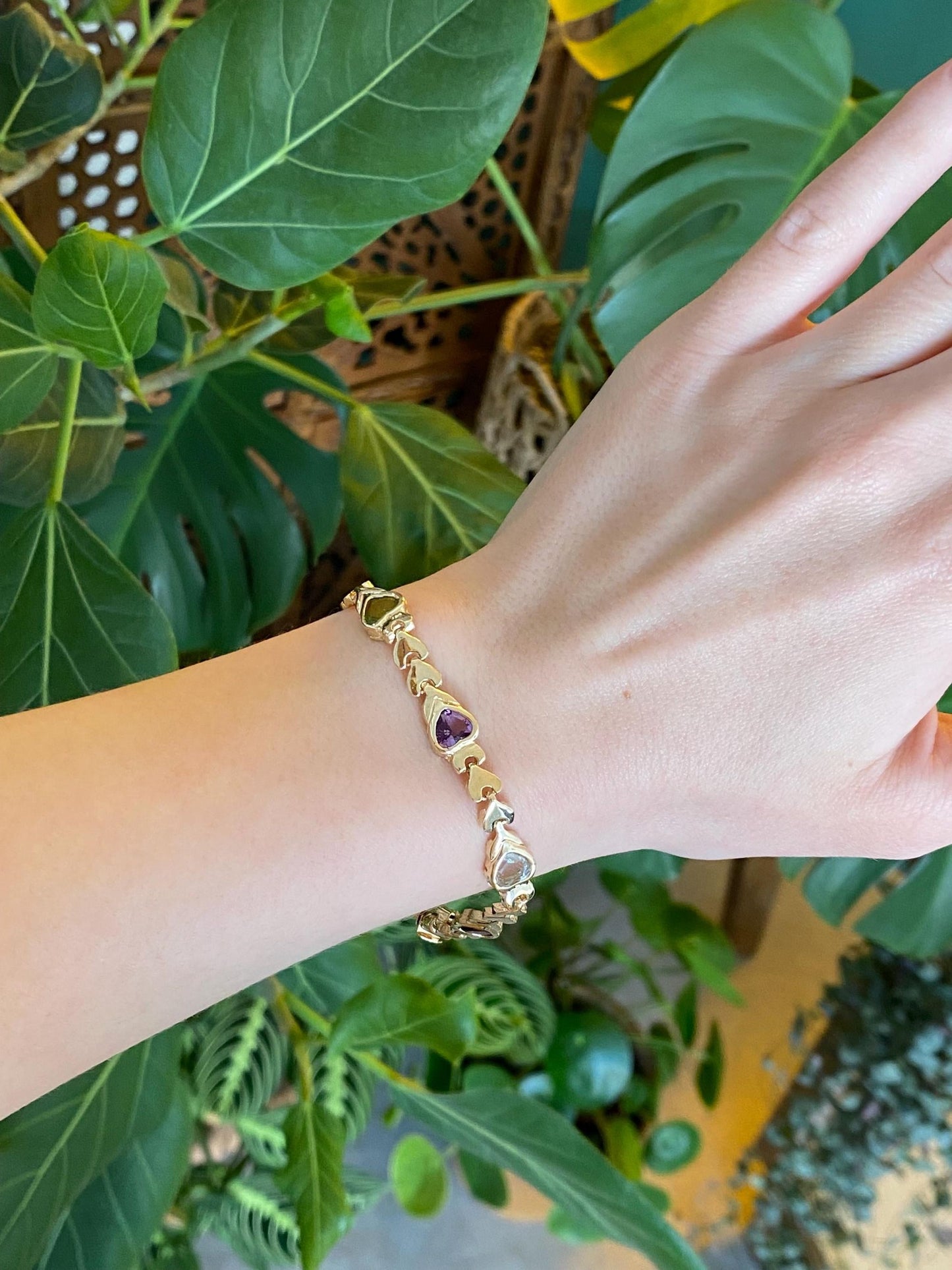 Vintage Solid 14k Yellow Gold Amethyst Citrine Topaz Garnet Peridot Heart Link Bracelet - 7 inches