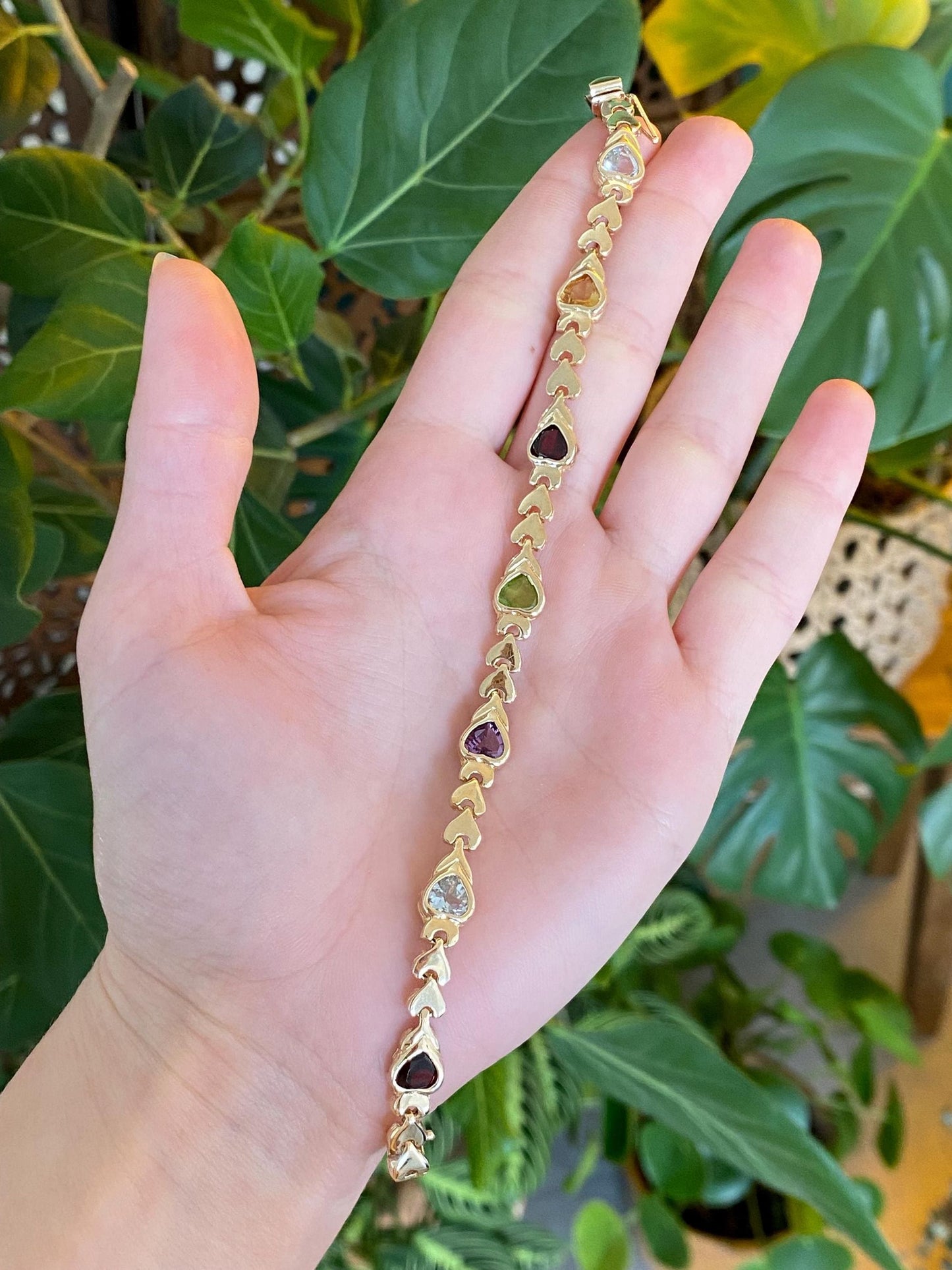 Vintage Solid 14k Yellow Gold Amethyst Citrine Topaz Garnet Peridot Heart Link Bracelet - 7 inches