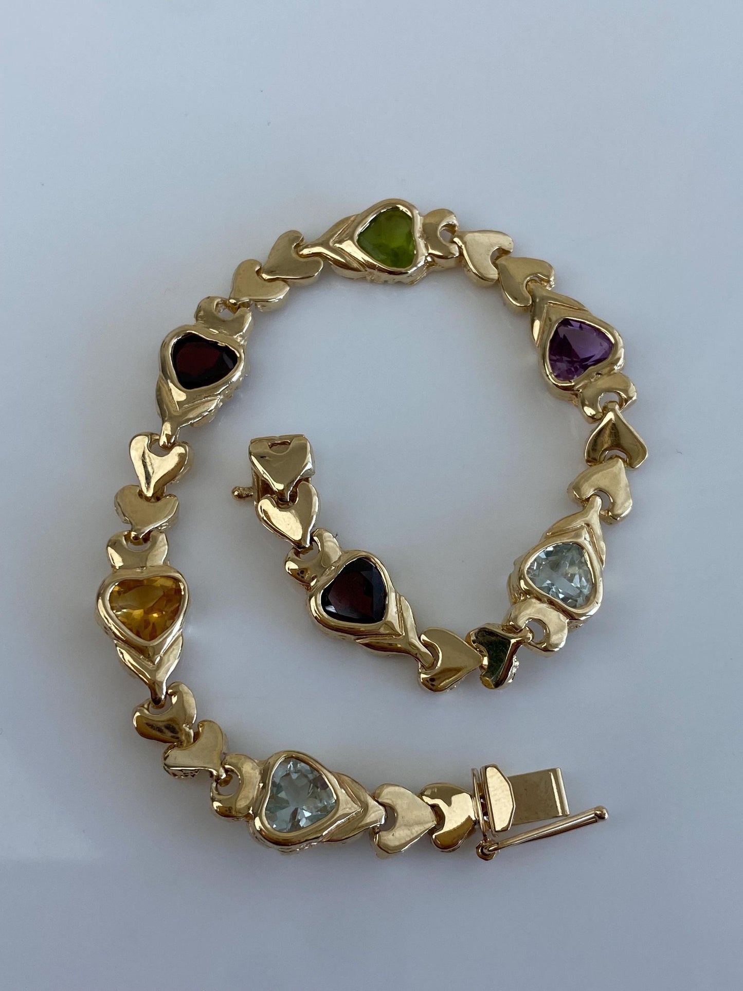 Vintage Solid 14k Yellow Gold Amethyst Citrine Topaz Garnet Peridot Heart Link Bracelet - 7 inches