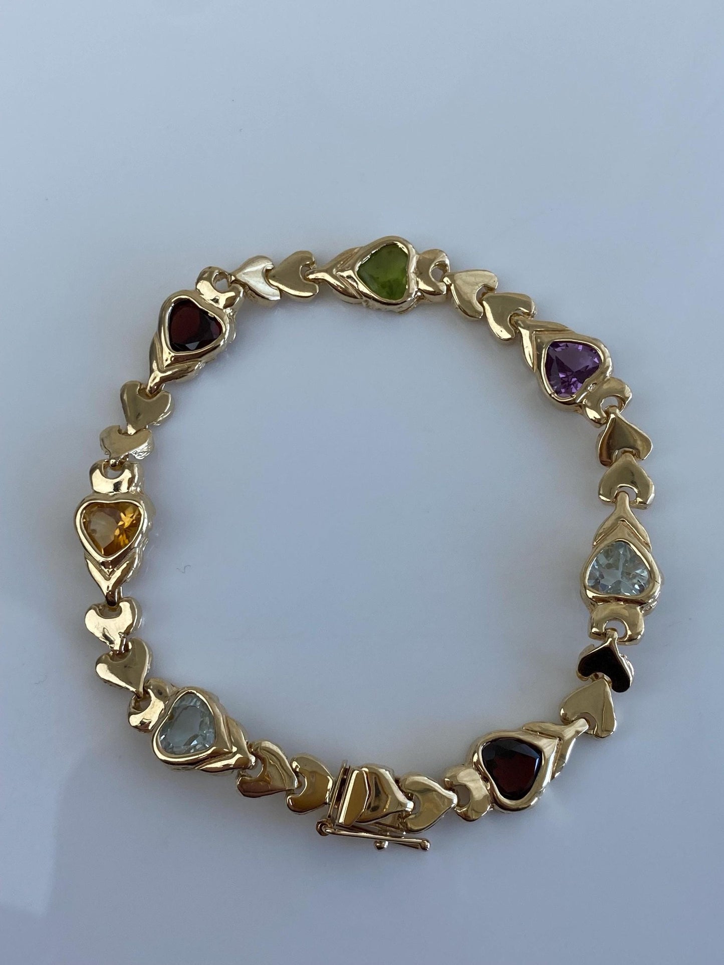 Vintage Solid 14k Yellow Gold Amethyst Citrine Topaz Garnet Peridot Heart Link Bracelet - 7 inches