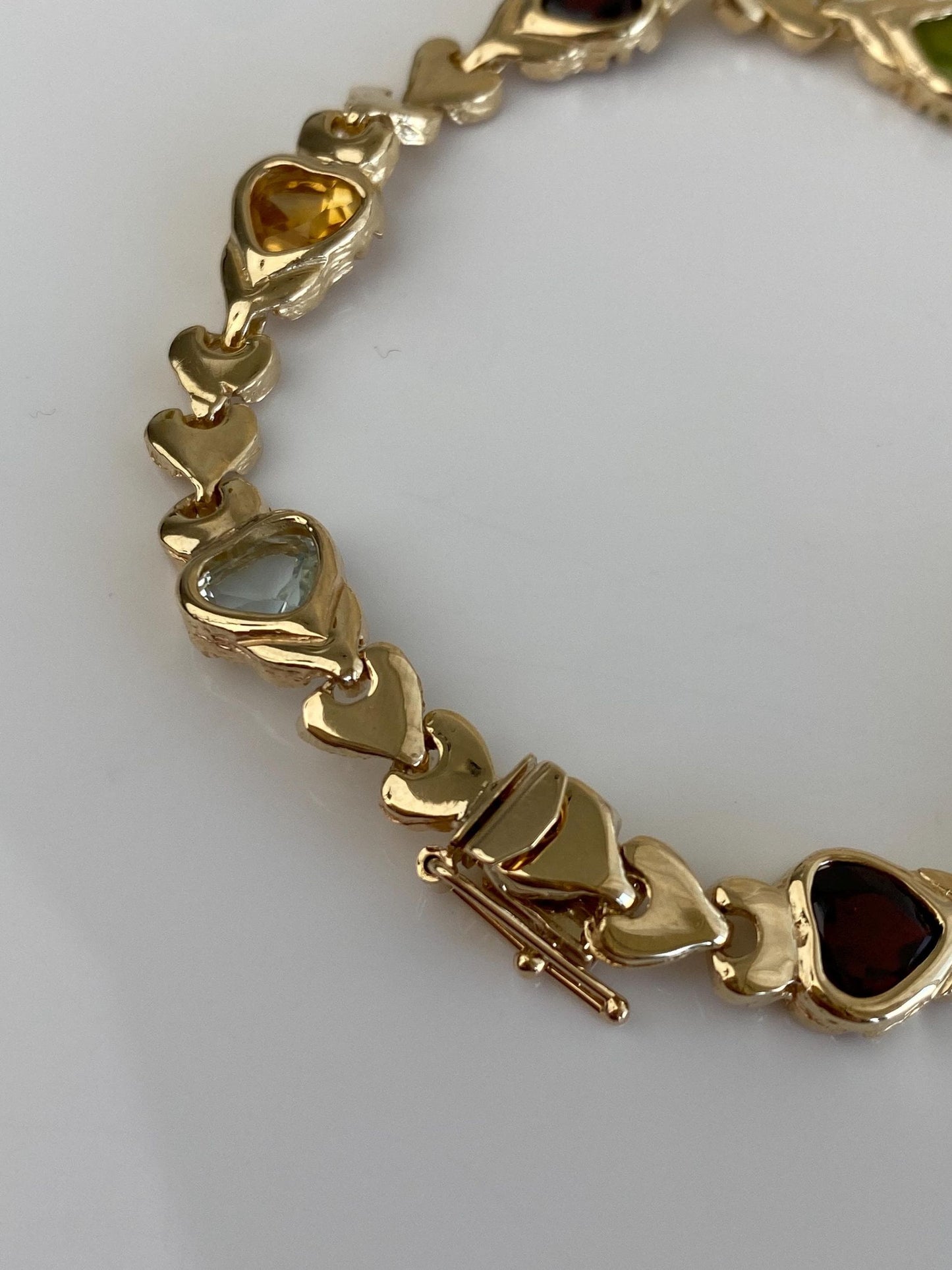Vintage Solid 14k Yellow Gold Amethyst Citrine Topaz Garnet Peridot Heart Link Bracelet - 7 inches