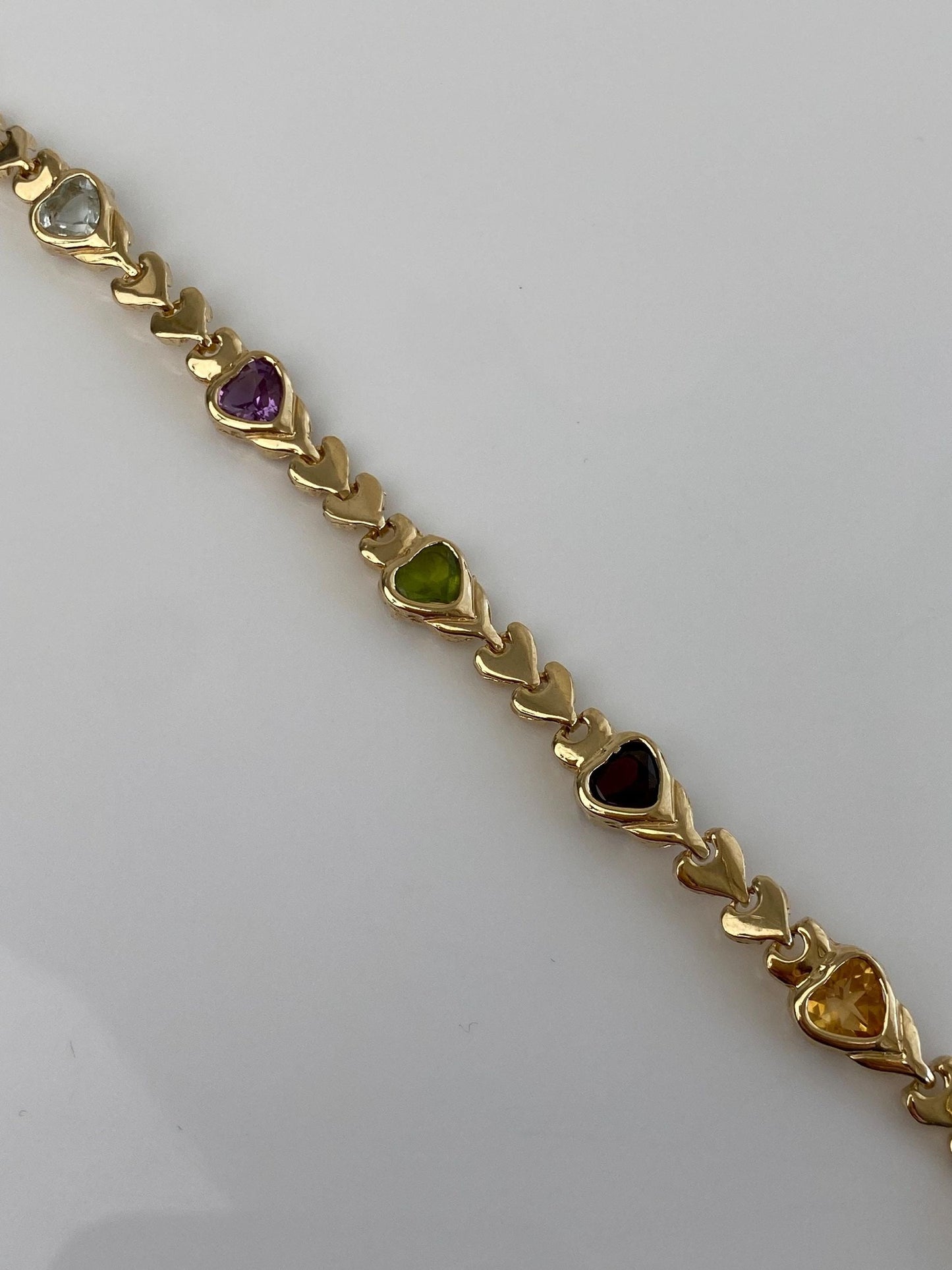 Vintage Solid 14k Yellow Gold Amethyst Citrine Topaz Garnet Peridot Heart Link Bracelet - 7 inches