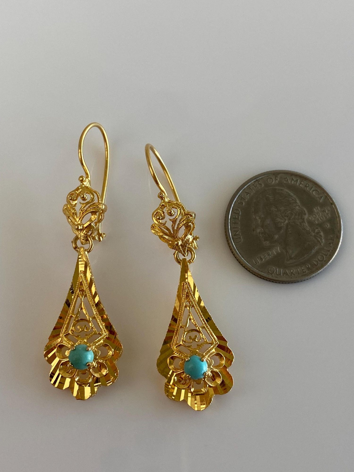 Solid 18k Yellow Gold Turquoise Engine Turned Open Work Ornate Dangle Earrings