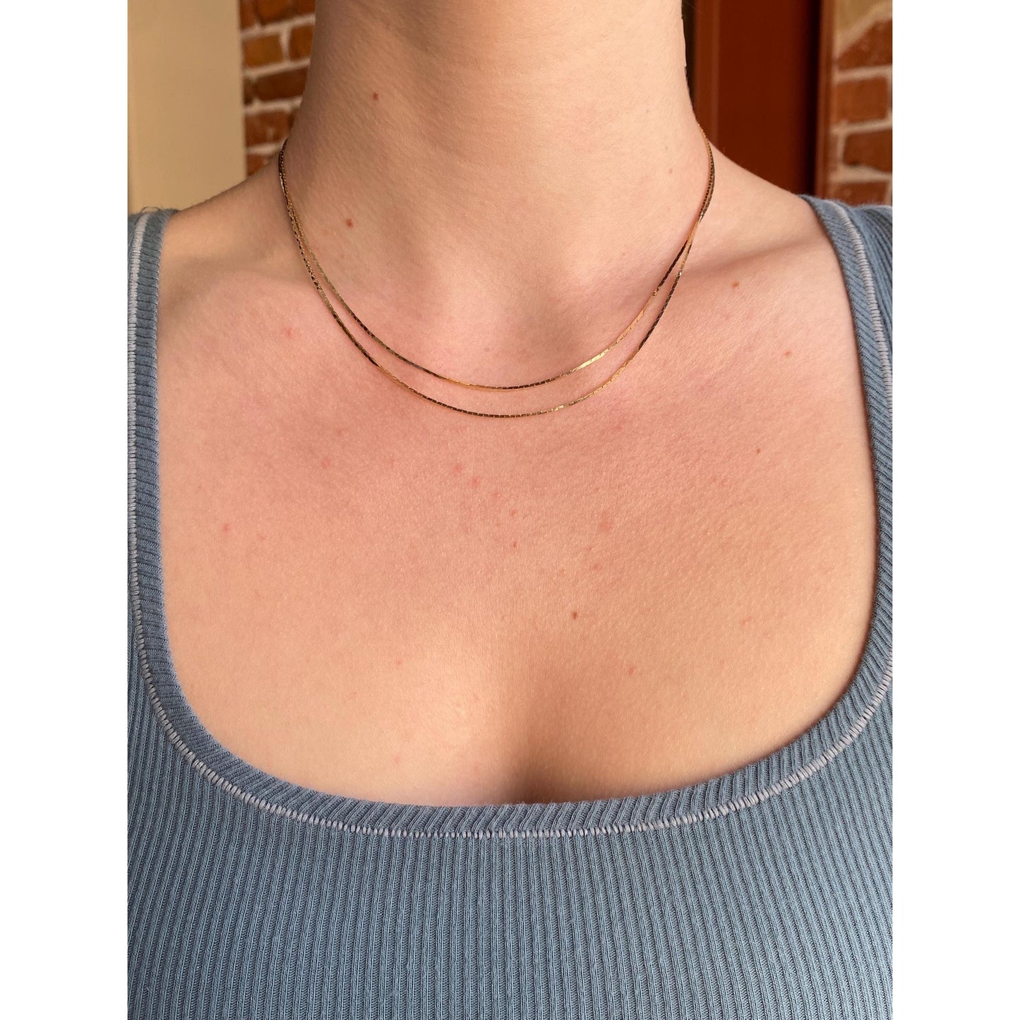 Vintage Solid 14k Yellow Gold Double Strand Triangle Link Chain Necklace - 16.25 inches