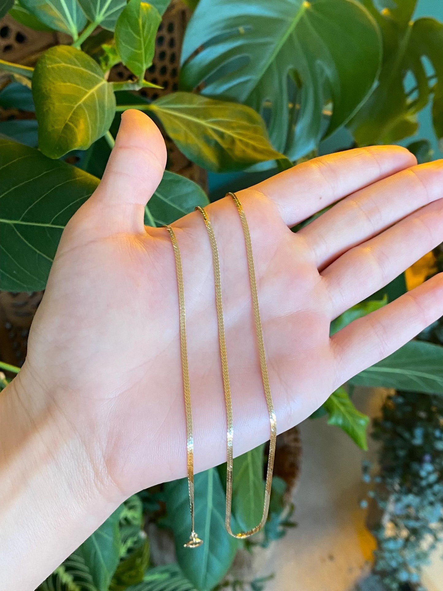 Vintage Solid 14k Yellow Gold Long Slim Herringbone Chain Necklace - 24 inches