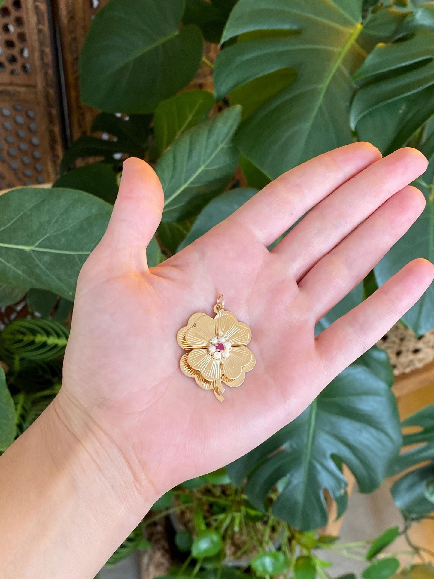 Vintage Solid 14k Yellow Gold Pink Sapphire Seed Pearl Halo Engine Turned Clover Charm