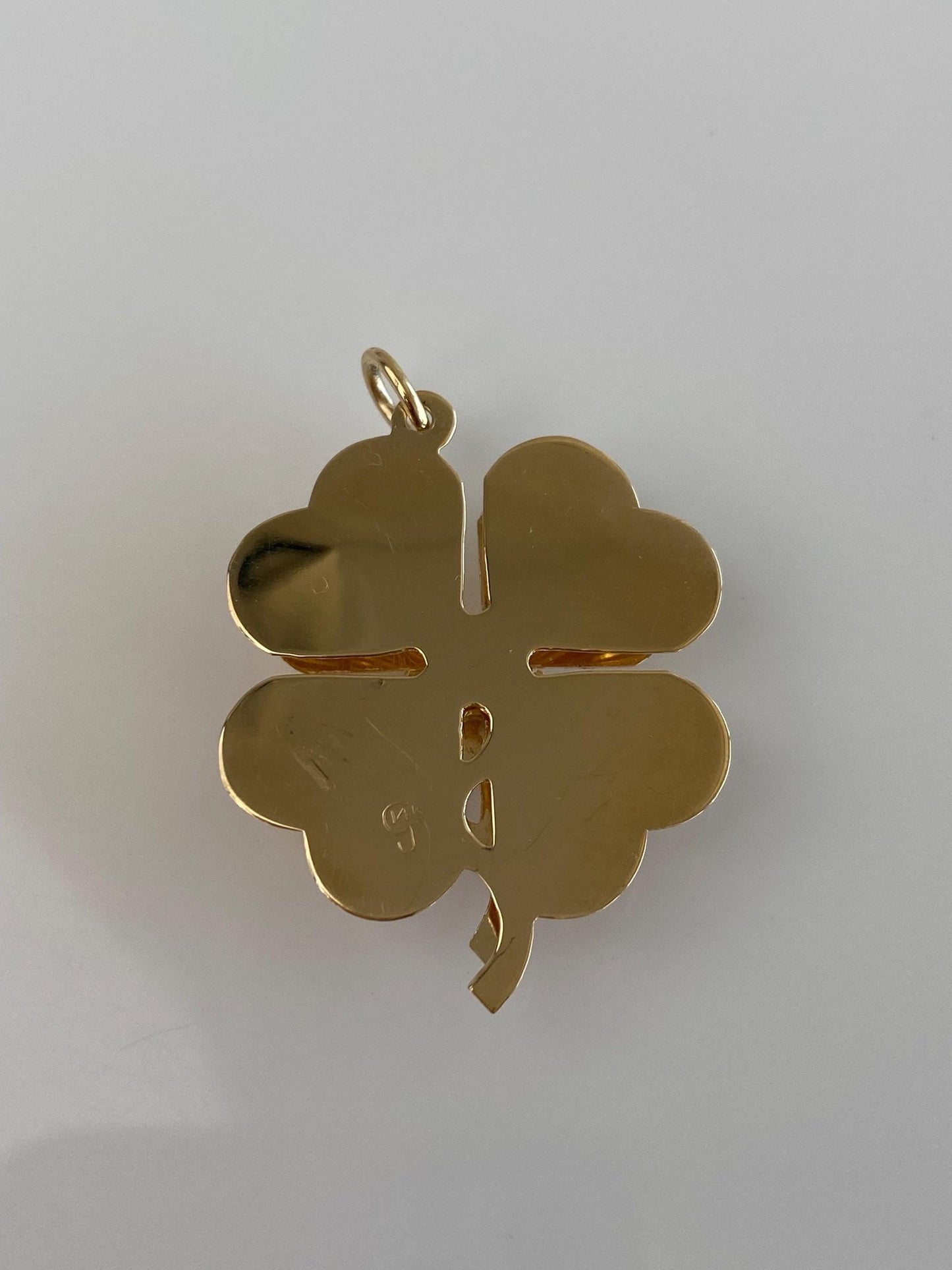 Vintage Solid 14k Yellow Gold Pink Sapphire Seed Pearl Halo Engine Turned Clover Charm
