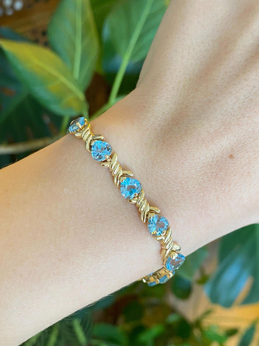 Vintage Solid 14k Yellow Gold Topaz Heart Bracelet - 6.5 inches