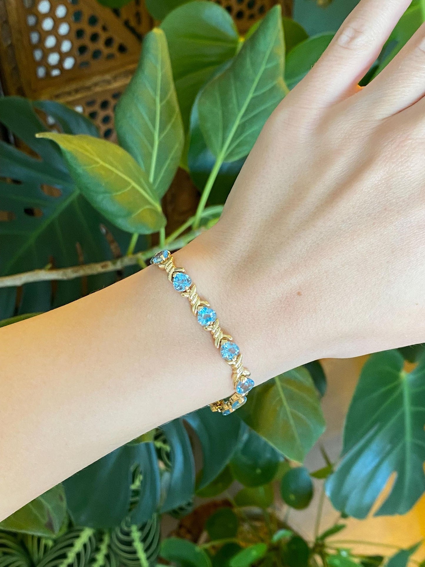 Vintage Solid 14k Yellow Gold Topaz Heart Bracelet - 6.5 inches