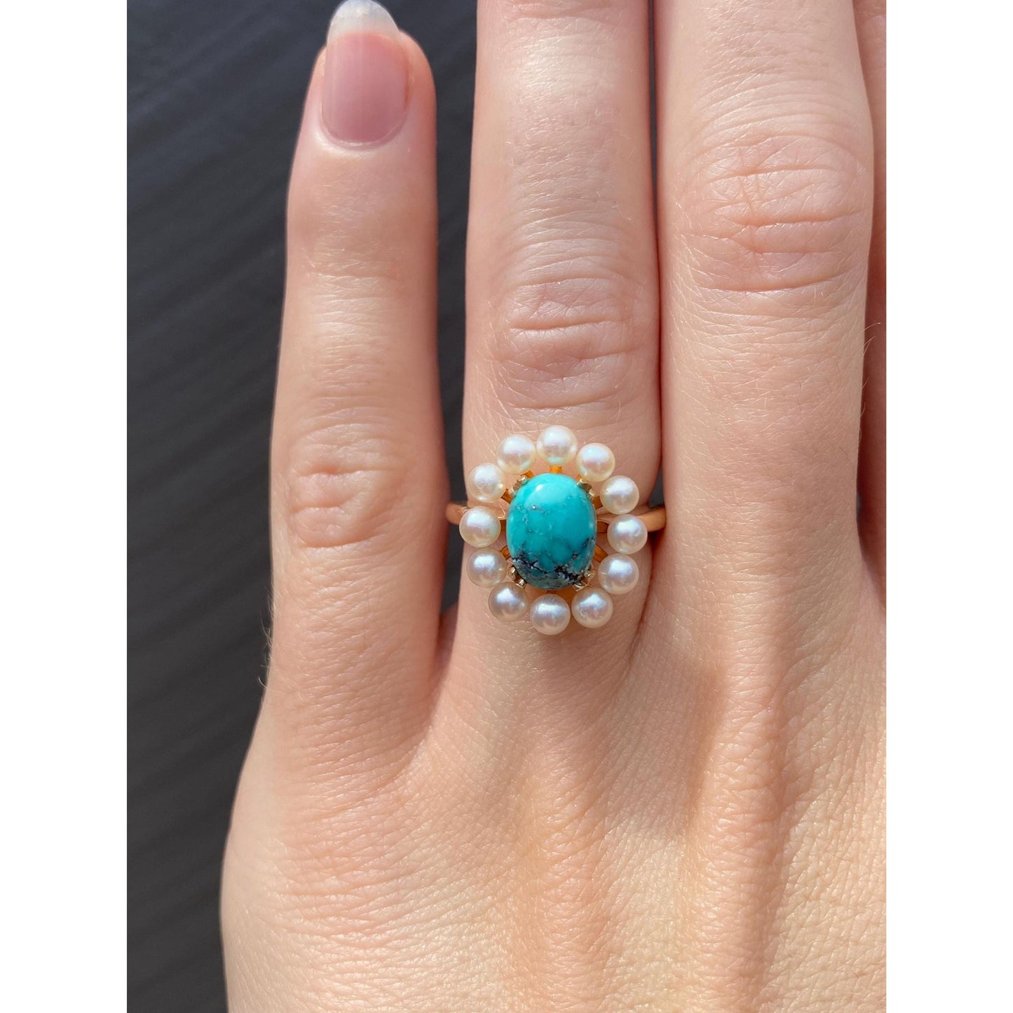 Vintage Solid 14k Yellow Gold Pearl Halo Turquoise Ring - Size 4.5