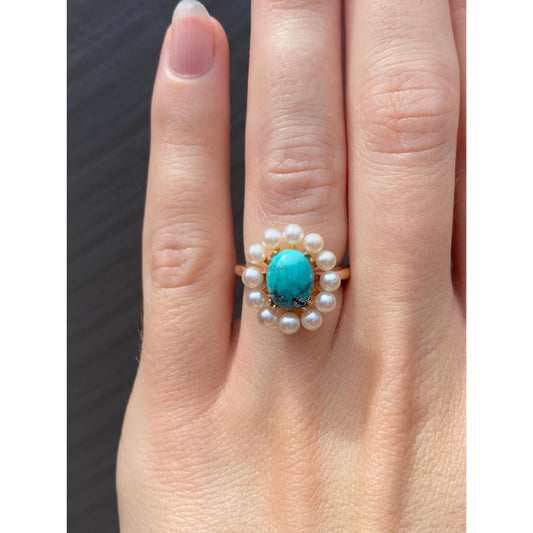 Vintage Solid 14k Yellow Gold Pearl Halo Turquoise Ring - Size 4.5