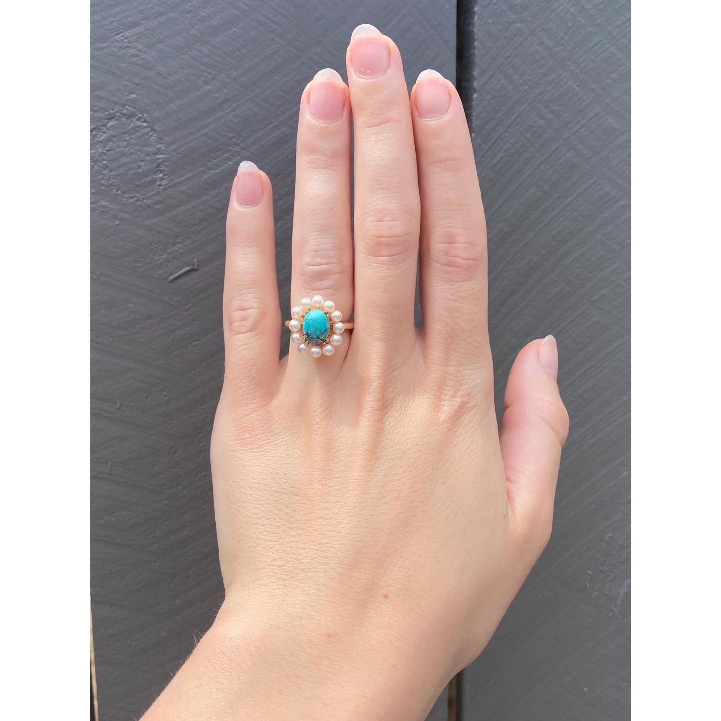 Vintage Solid 14k Yellow Gold Pearl Halo Turquoise Ring - Size 4.5