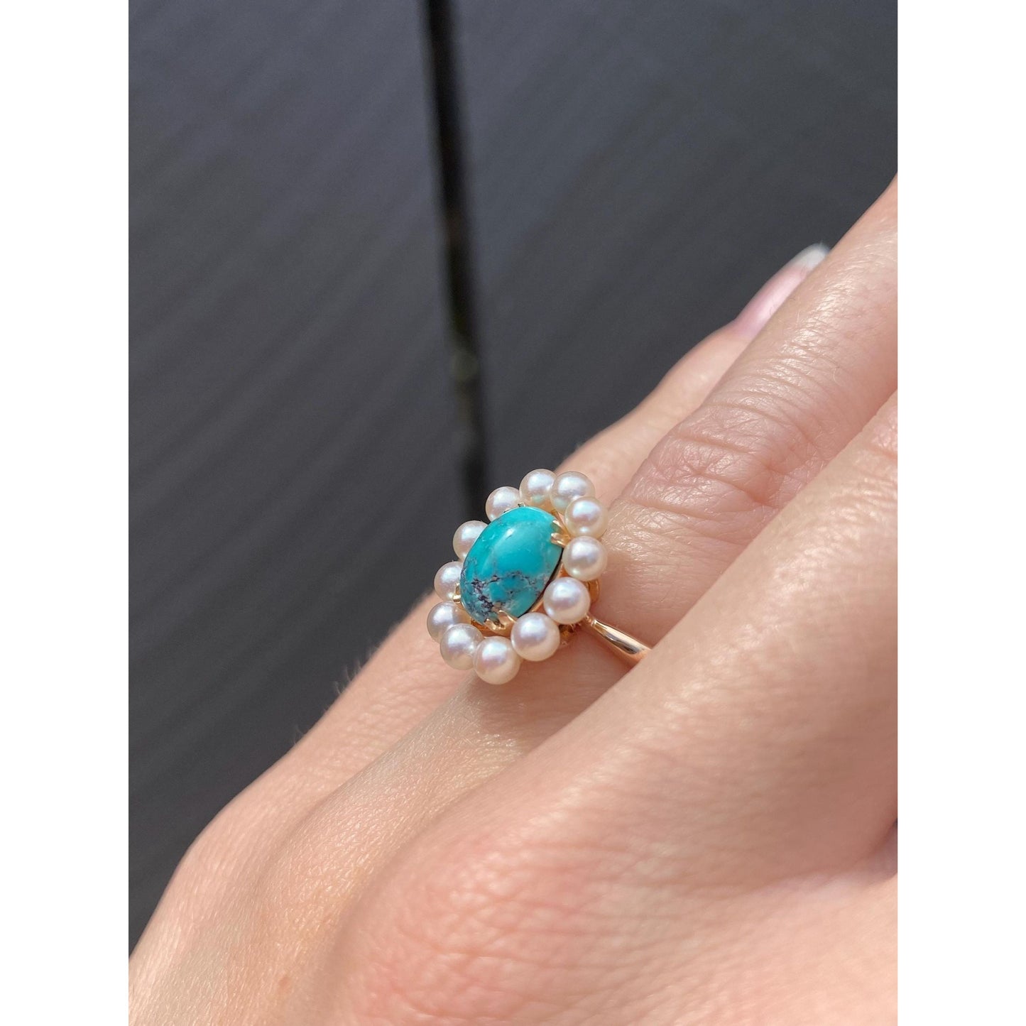Vintage Solid 14k Yellow Gold Pearl Halo Turquoise Ring - Size 4.5