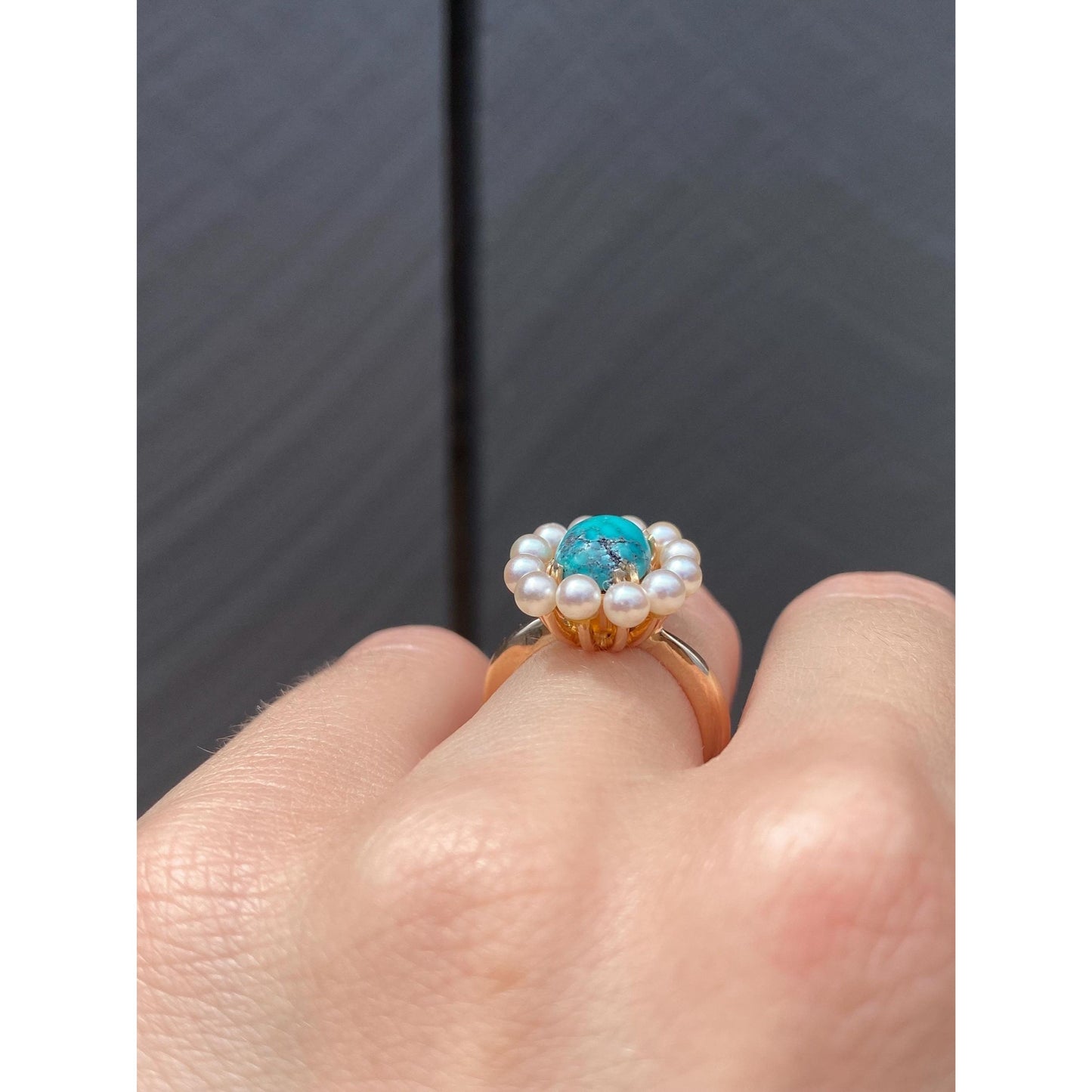 Vintage Solid 14k Yellow Gold Pearl Halo Turquoise Ring - Size 4.5