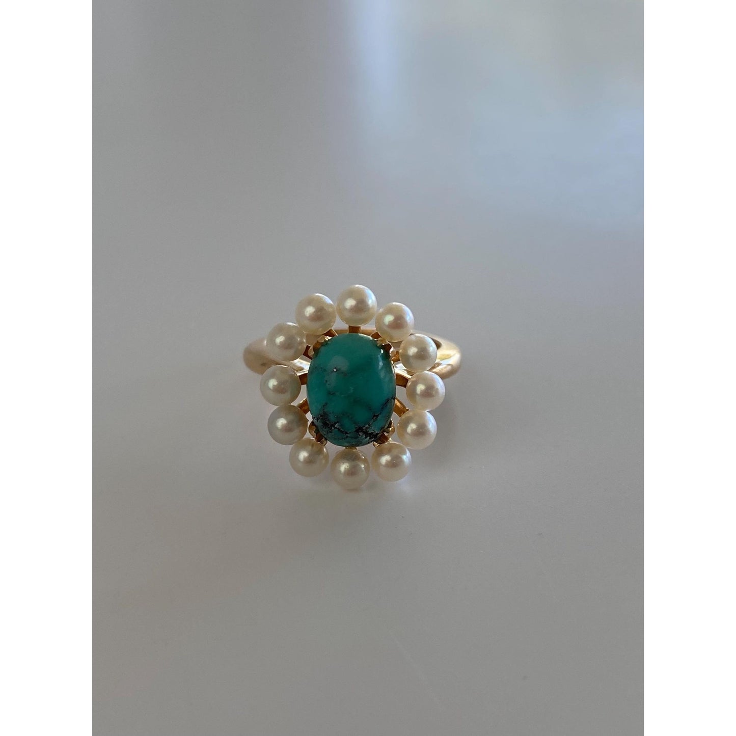 Vintage Solid 14k Yellow Gold Pearl Halo Turquoise Ring - Size 4.5