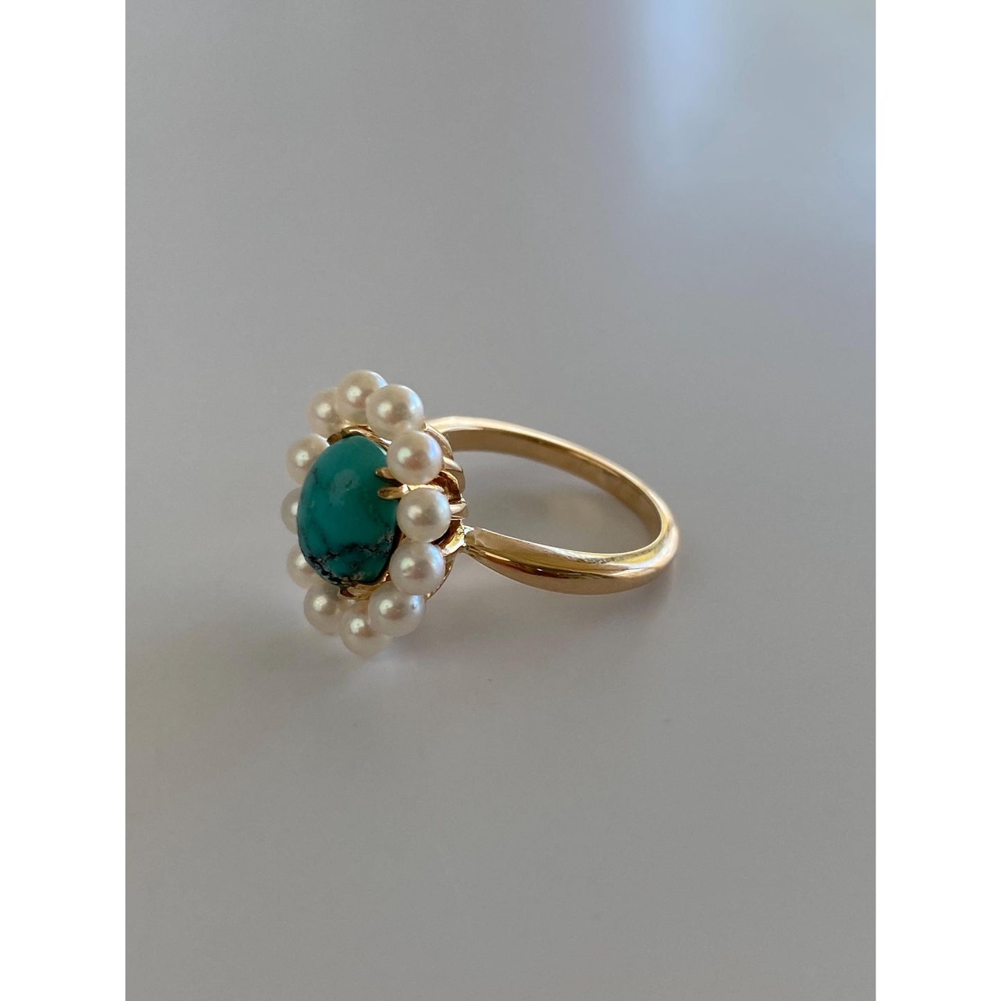 Vintage Solid 14k Yellow Gold Pearl Halo Turquoise Ring - Size 4.5