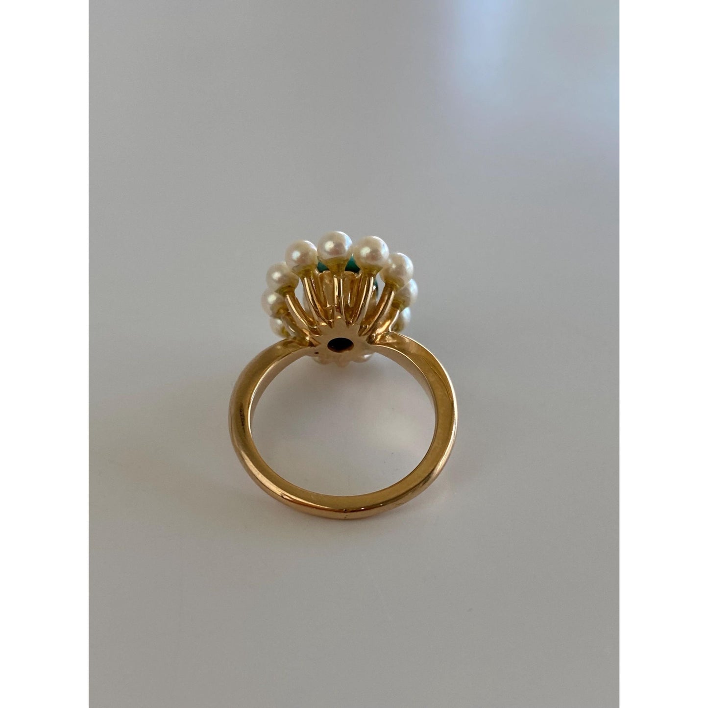 Vintage Solid 14k Yellow Gold Pearl Halo Turquoise Ring - Size 4.5