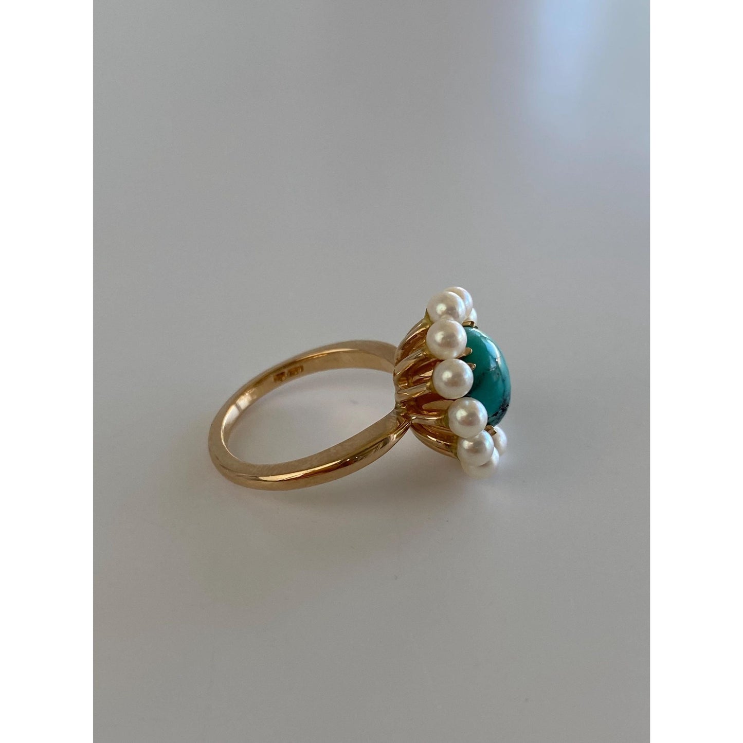 Vintage Solid 14k Yellow Gold Pearl Halo Turquoise Ring - Size 4.5