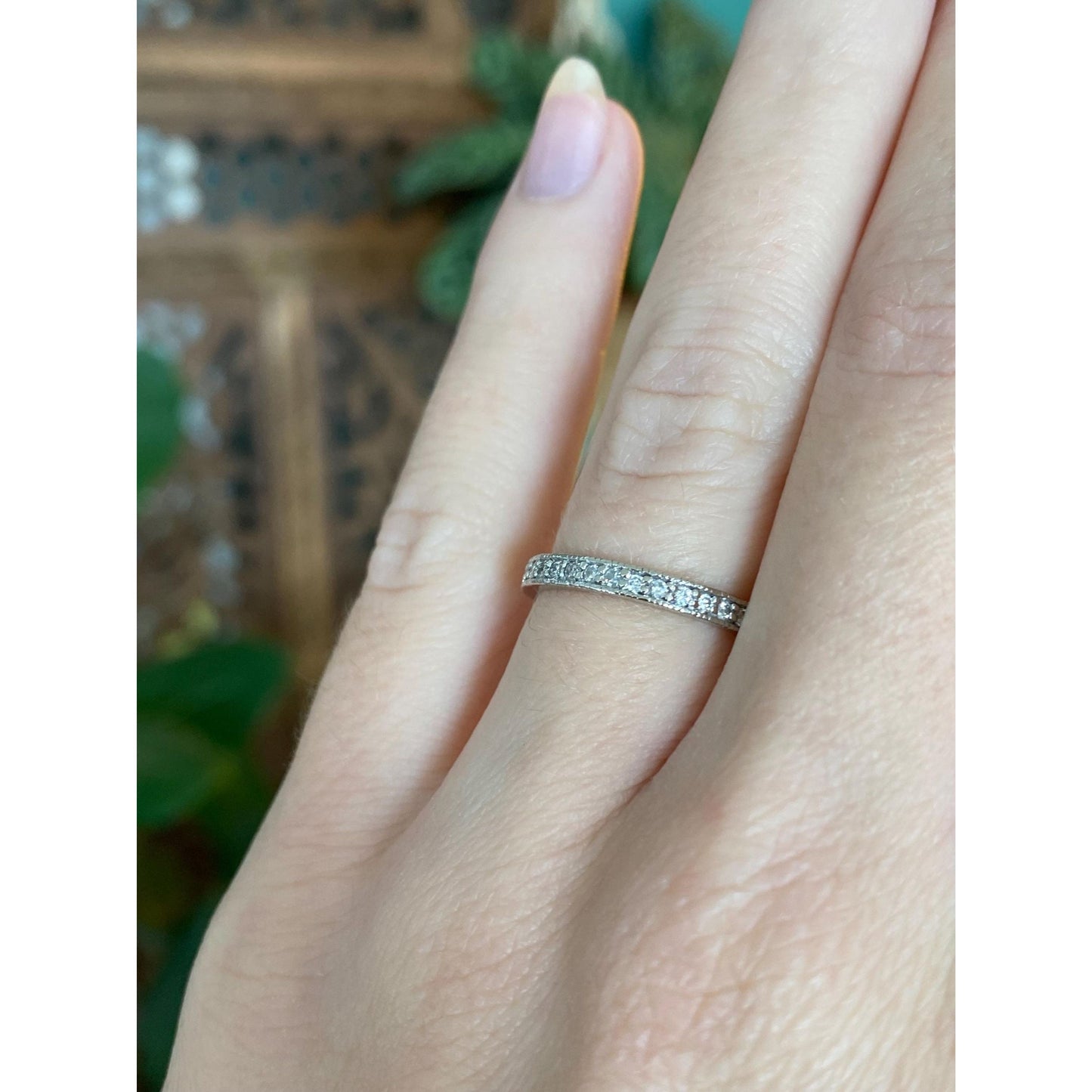 Vintage Solid 14k White Gold Diamond Ring Band - Size 4.75