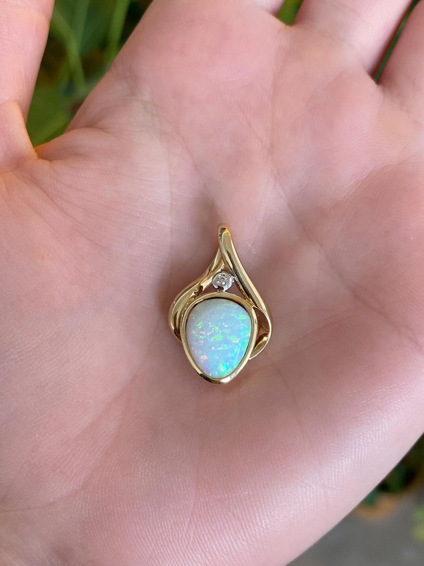 Vintage Solid 10k White & Yellow Gold Diamond Opal Slide Charm