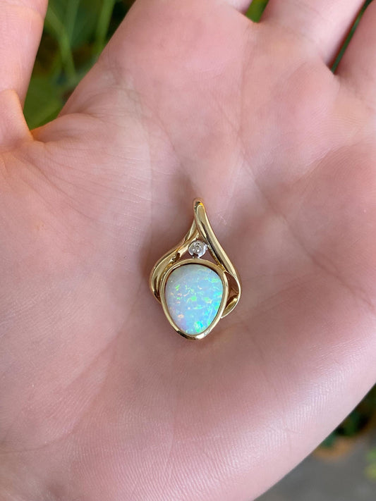 Vintage Solid 10k White & Yellow Gold Diamond Opal Slide Charm