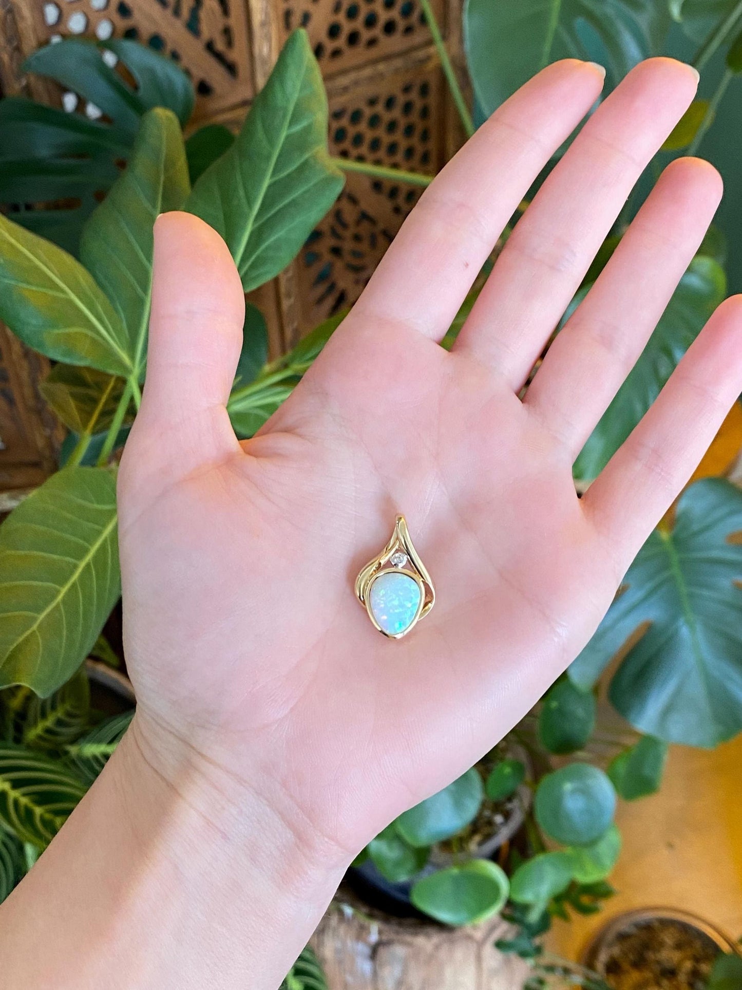 Vintage Solid 10k White & Yellow Gold Diamond Opal Slide Charm