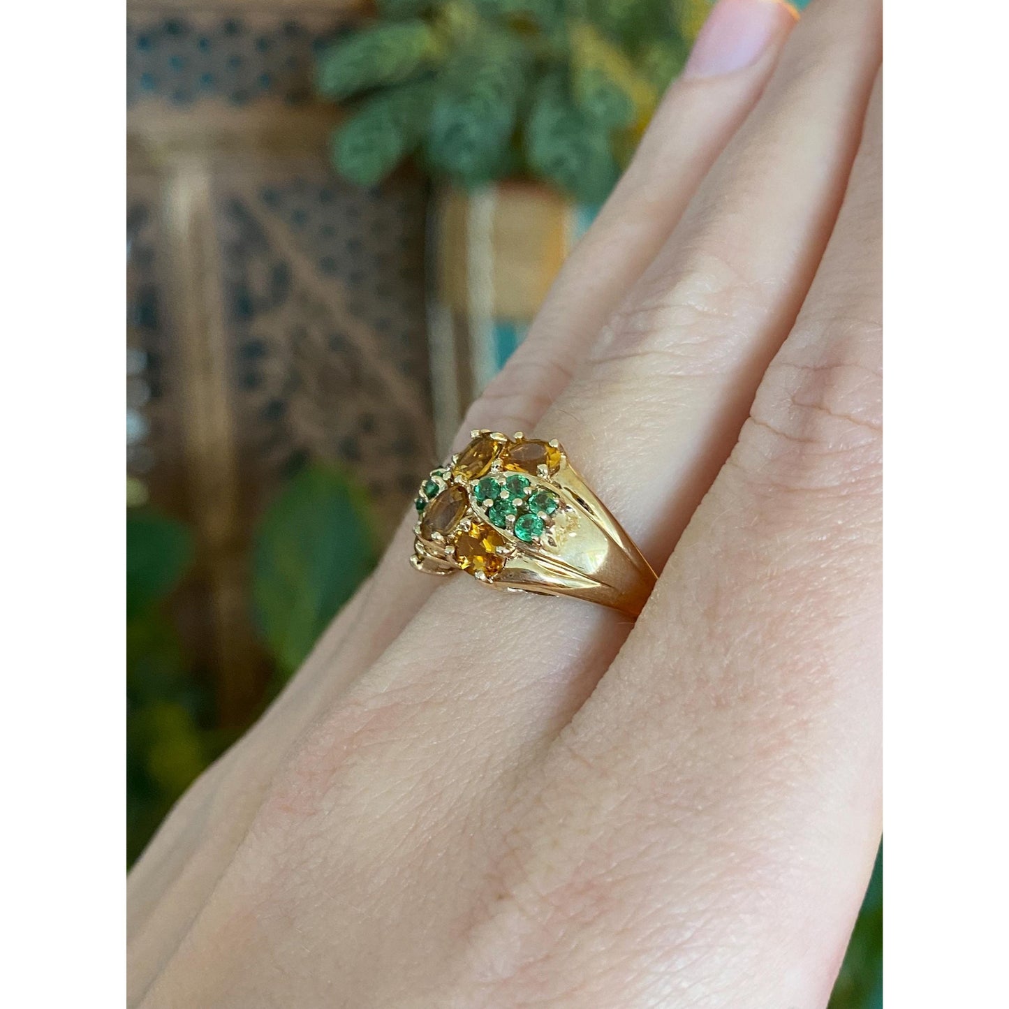 Vintage Solid 10k Yellow Gold Green Tourmaline Citrine Ring - Size 5.75