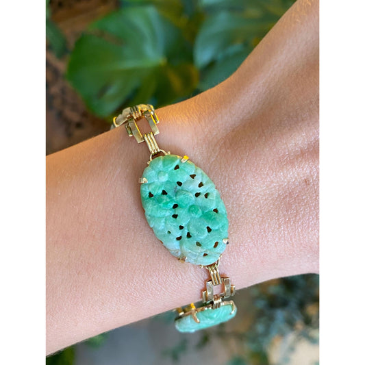 Solid 14k Yellow Gold Floral Carved Jade Link Bracelet - 7 Inches
