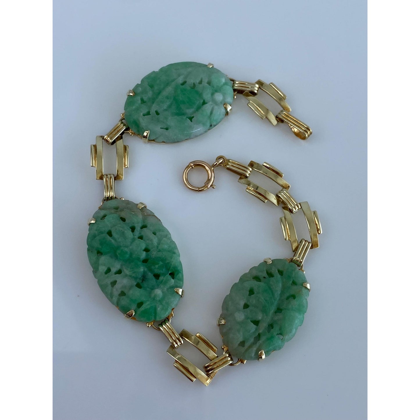 Solid 14k Yellow Gold Floral Carved Jade Link Bracelet - 7 Inches