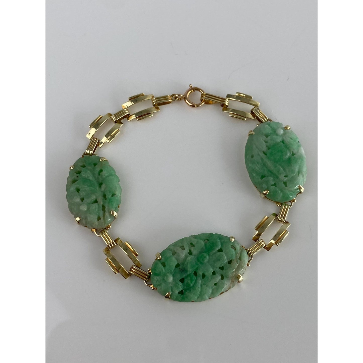 Solid 14k Yellow Gold Floral Carved Jade Link Bracelet - 7 Inches