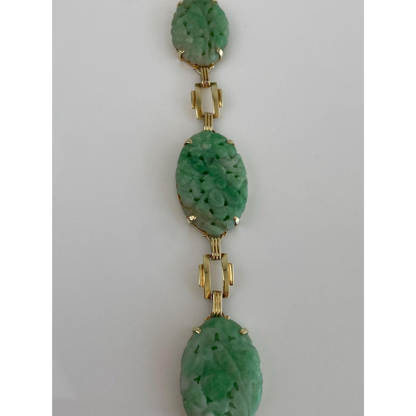 Solid 14k Yellow Gold Floral Carved Jade Link Bracelet - 7 Inches