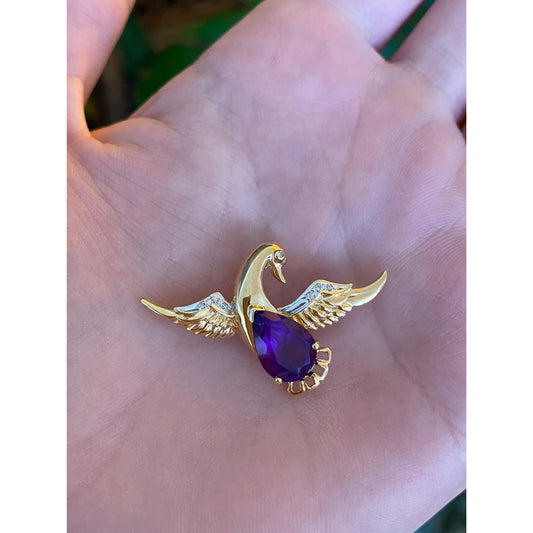 Vintage Solid 14k Yellow Gold Amethyst & Diamond Swan Charm