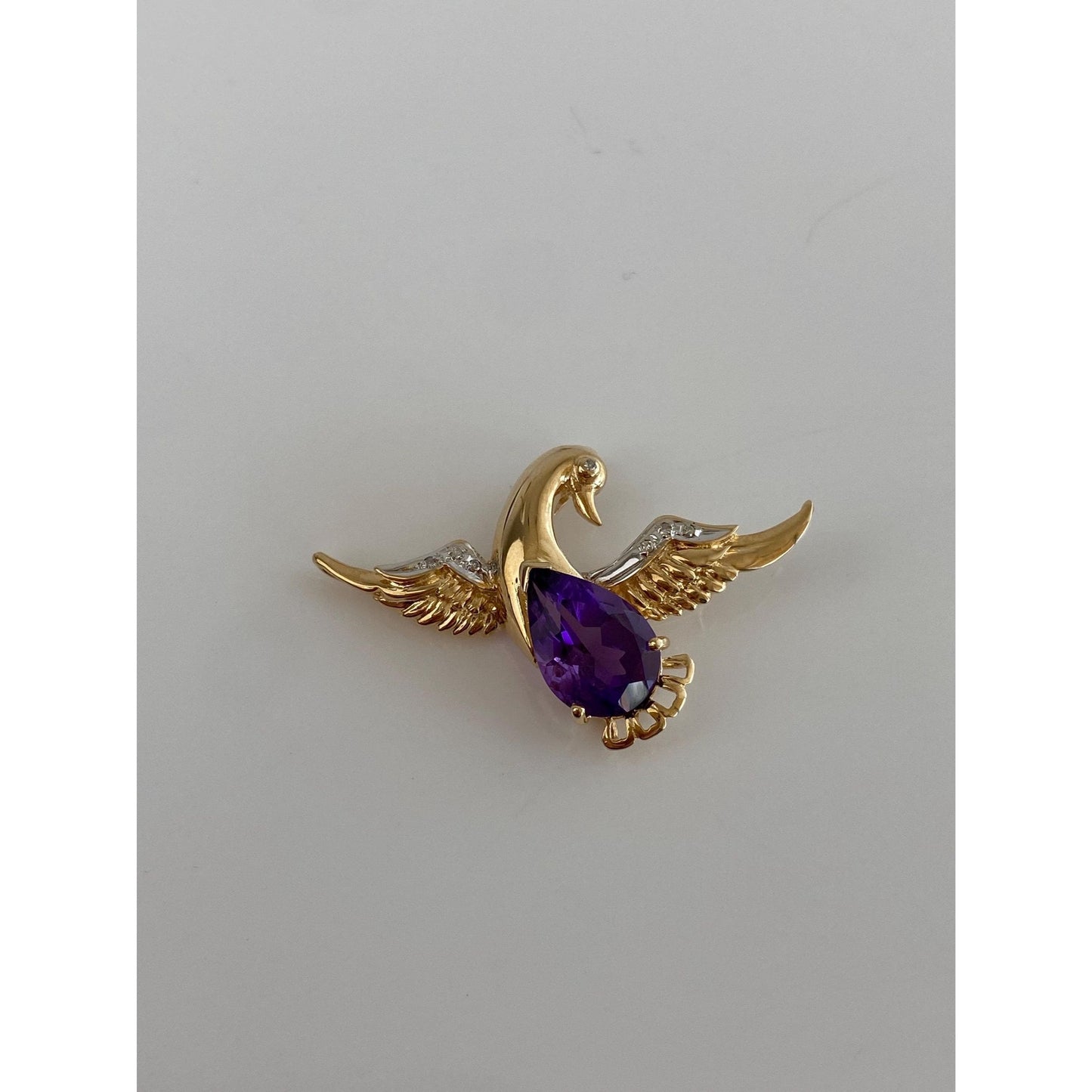 Vintage Solid 14k Yellow Gold Amethyst & Diamond Swan Charm