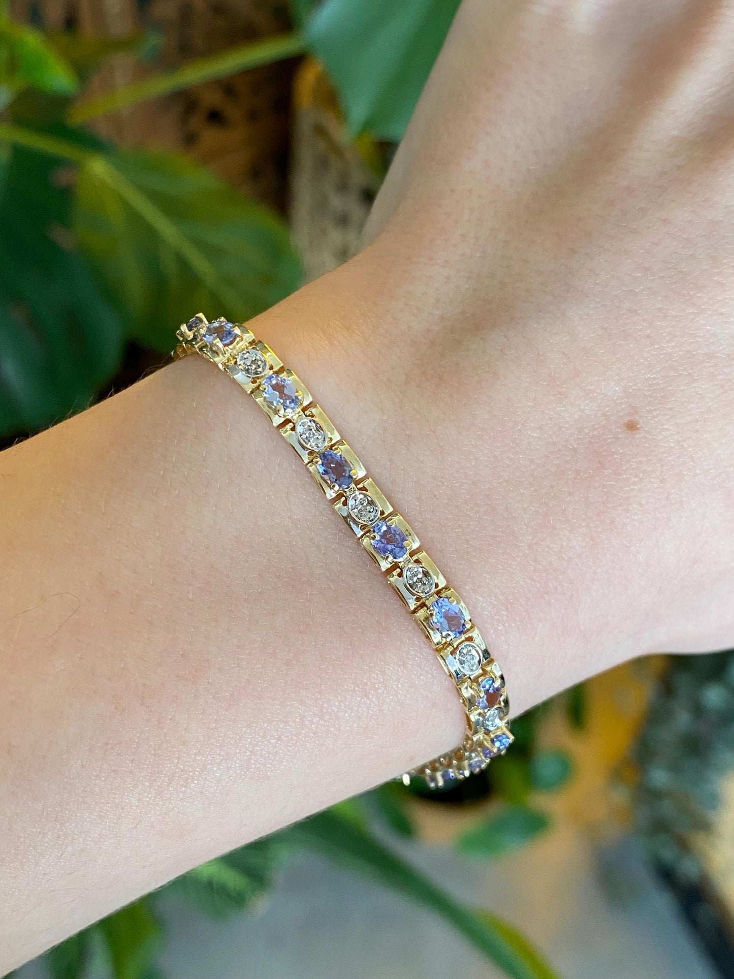 Vintage Solid 14k White & Yellow Gold Diamond Tanzanite Link Bracelet - 7 inches