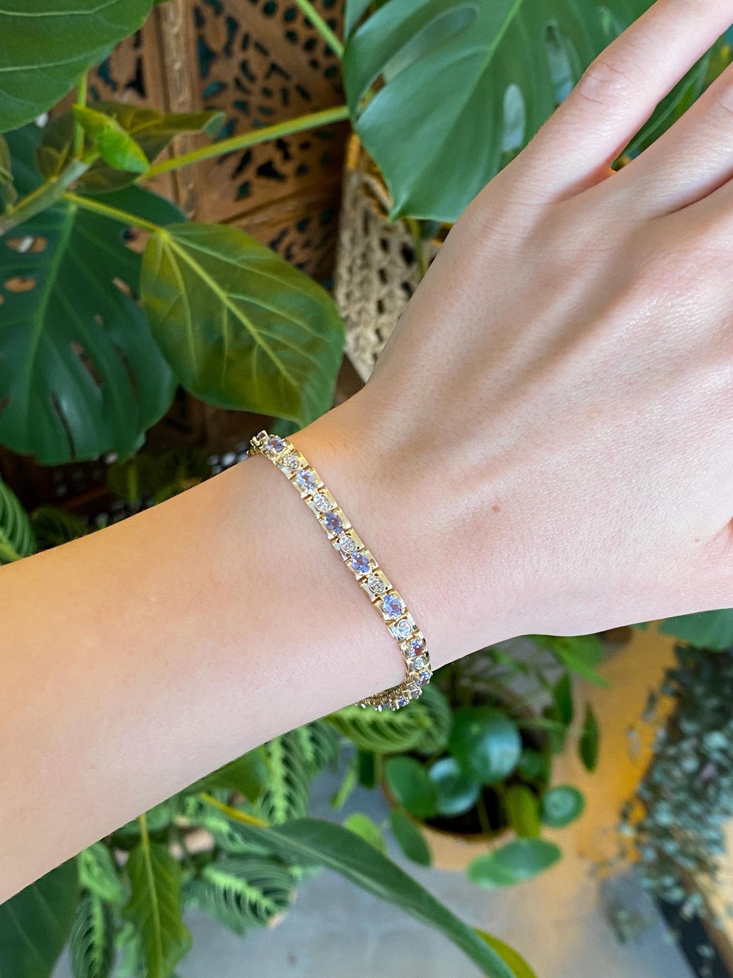 Vintage Solid 14k White & Yellow Gold Diamond Tanzanite Link Bracelet - 7 inches