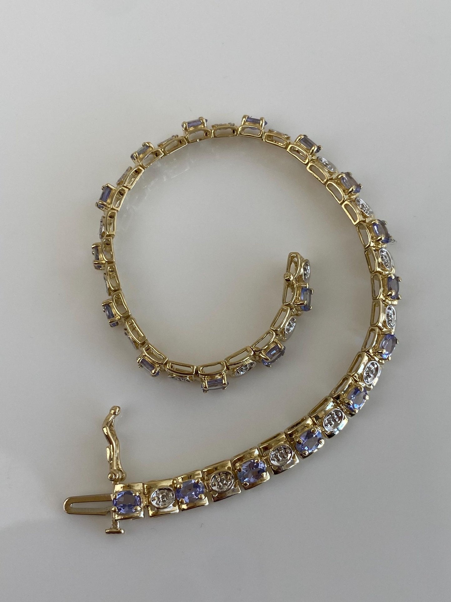 Vintage Solid 14k White & Yellow Gold Diamond Tanzanite Link Bracelet - 7 inches