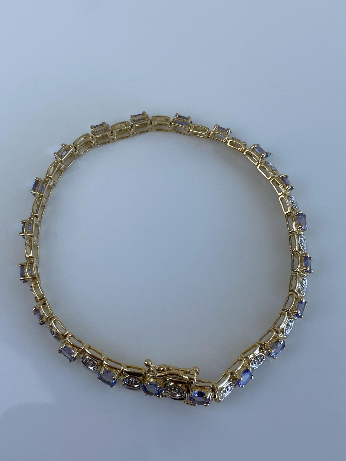 Vintage Solid 14k White & Yellow Gold Diamond Tanzanite Link Bracelet - 7 inches