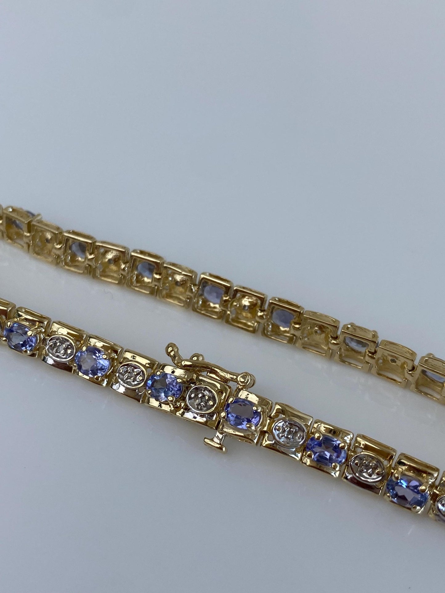 Vintage Solid 14k White & Yellow Gold Diamond Tanzanite Link Bracelet - 7 inches