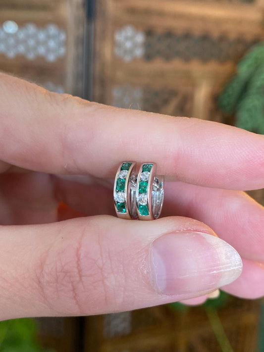 Vintage Solid 14k White Gold Diamond Emerald Hoop Earrings