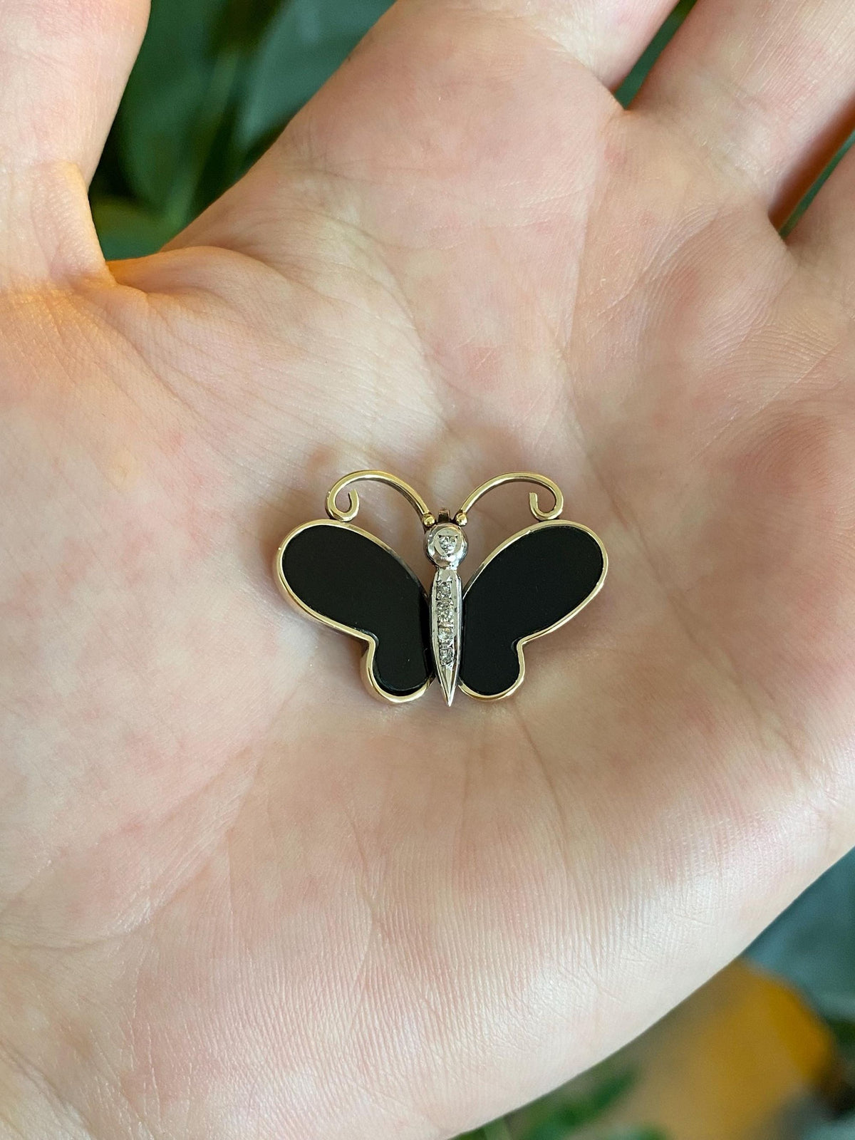 Vintage Solid 14k White & Yellow Gold Diamond Onyx Butterfly Charm