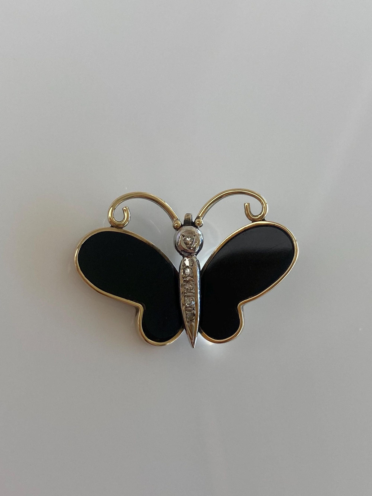 Vintage Solid 14k White & Yellow Gold Diamond Onyx Butterfly Charm