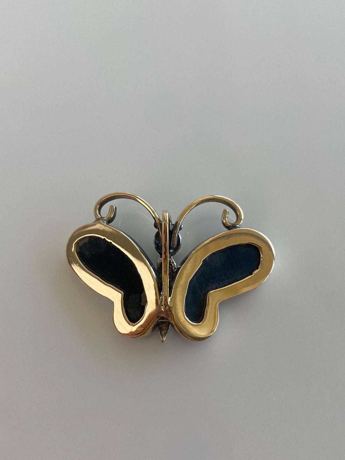 Vintage Solid 14k White & Yellow Gold Diamond Onyx Butterfly Charm