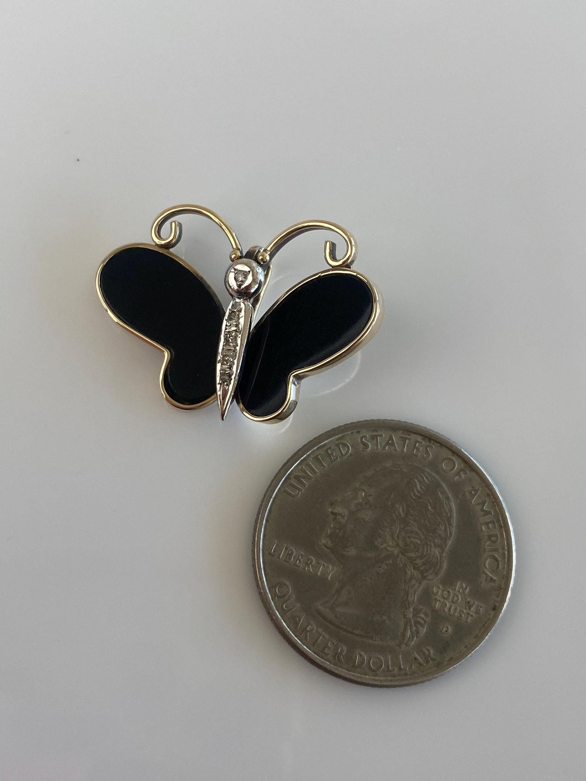 Vintage Solid 14k White & Yellow Gold Diamond Onyx Butterfly Charm