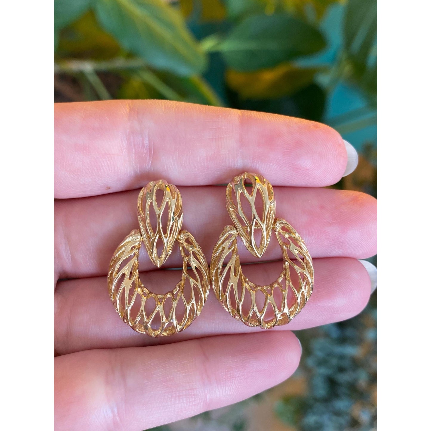 Vintage Solid 14k Yellow Gold Open Work Dangle Stud Earrings